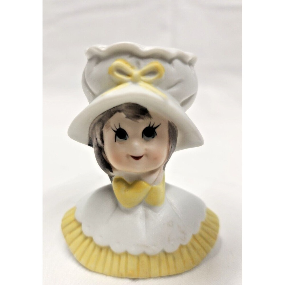 Vintage Lefton Girl in Yellow Sewing Figurine Missing Pin Cushion Sewing